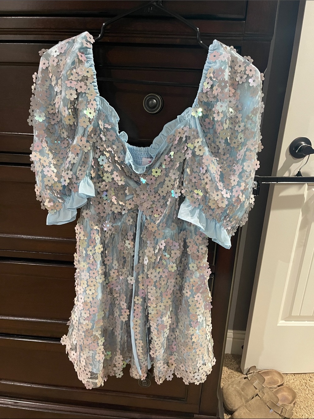 Buddy Love Light Blue Mini Dress with Iridescent Floral Sequins